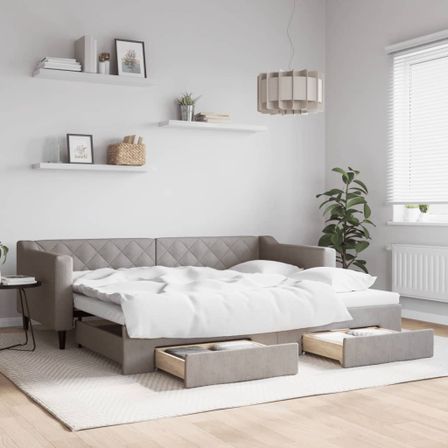 Lit de jour avec gigogne et tiroirs taupe 90x200 cm tissu