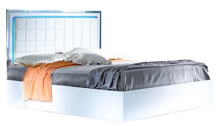 Lit design blanc laqué et tête de lit capitonnée simili cuir blanc avec Led Turin