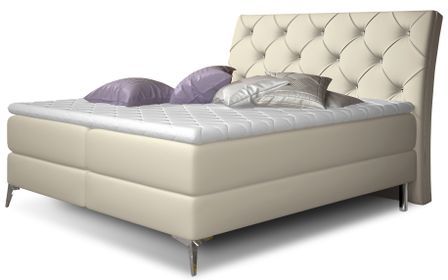 Lit design continental avec tête de lit capitonnée strass simili cuir beige clair Banky