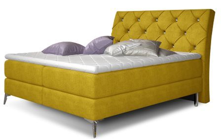 Lit design continental avec tête de lit capitonnée strass tissu jaune olive Banky