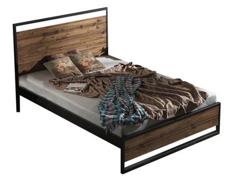 Lit double style industriel bois massif marron et métal noir Mikara - 6 tailles