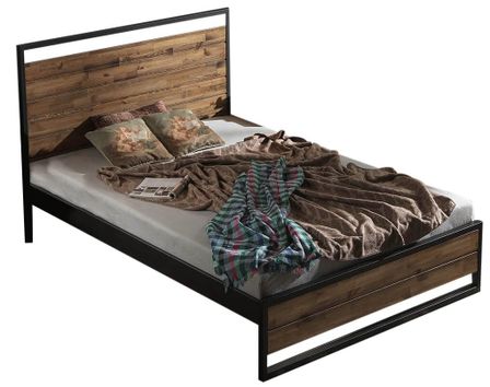Lit double style industriel bois massif marron et métal noir Mikara - 6 tailles
