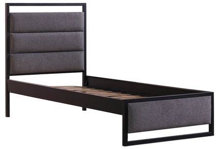 Lit double style industriel tissu feutré velours gris et métal noir Mikara - 6 tailles