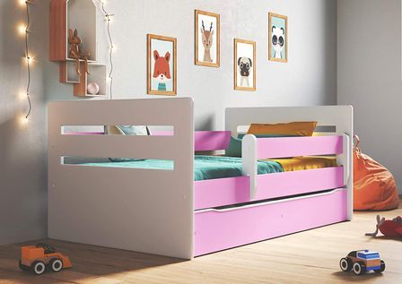 Lit enfant avec barrière de sécurité amovible blanc et rose Moly