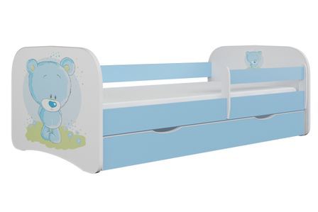 Lit enfant bleu nounours avec sommiers et barrière de sécurité amovible Drimy