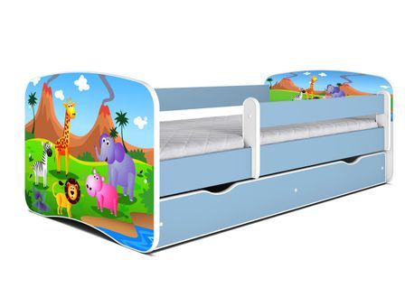 Lit enfant bleu Safari avec sommiers et barrière de sécurité amovible Drimy