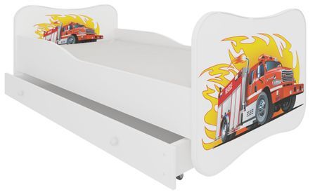 Lit enfant bois blanc à tiroirs avec imprimé camion de pompier - Sommier et matelas inclus - Ondula