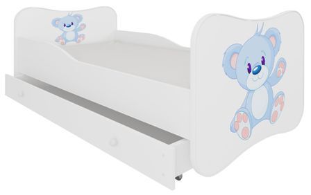 Lit enfant bois blanc à tiroirs avec imprimé ourson bleu 70x140 ou 80x160 cm - Sommier et matelas inclus - Ondula