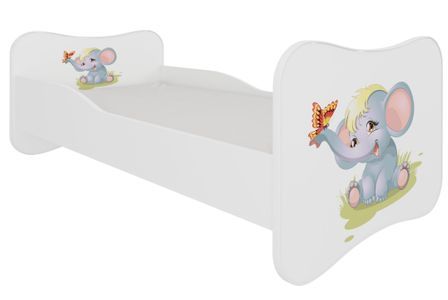 Lit enfant bois blanc imprimé éléphant 70x140 ou 80x160 cm - Sommier et matelas inclus - Ondula