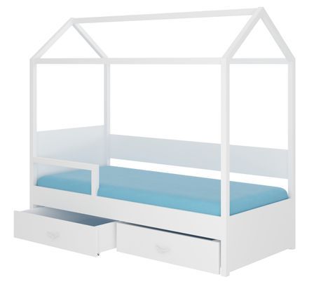 Lit enfant cabane bois pin blanc 90x200 cm avec barriére et 2 tiroirs de rangement Forka