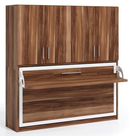 Lit escamotable horizontal 90x200 bureau et armoire 4 portes Spako