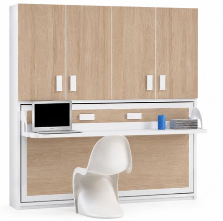 Lit escamotable horizontal avec bureau et armoire MIKO - Profondeur 34,5 cm