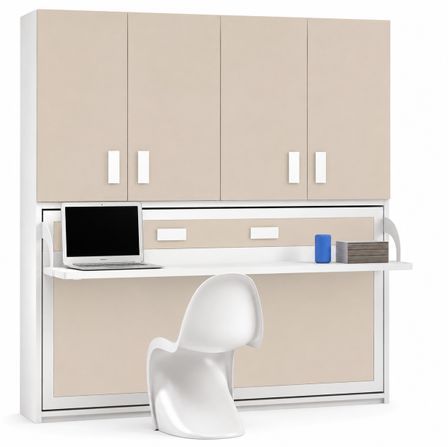 Lit escamotable horizontal avec étagères interieures, bureau et armoire MIKO - Profondeur 53 cm