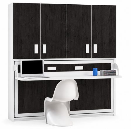 Lit escamotable horizontal avec étagères interieures, bureau et armoire MIKO - Profondeur 53 cm