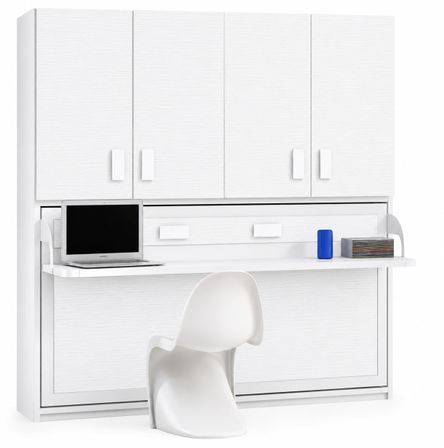 Lit escamotable horizontal avec étagères interieures, bureau et armoire MIKO - Profondeur 53 cm