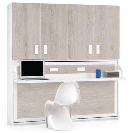 Lit escamotable horizontal avec étagères interieures, bureau et armoire MIKO - Profondeur 53 cm