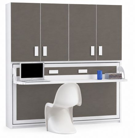 Lit escamotable horizontal avec étagères interieures, bureau et armoire MIKO - Profondeur 53 cm