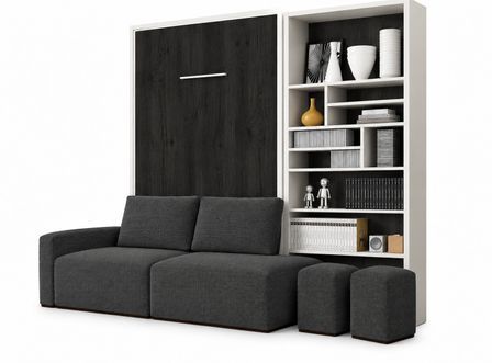 Lit escamotable vertical avec canapé coffre et bibliothèque MOBA – Sommier inclus & ouverture assistée