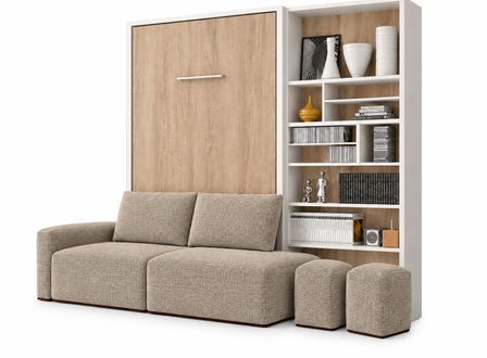 Lit escamotable vertical avec canapé coffre et bibliothèque MOBA – Sommier inclus & ouverture assistée