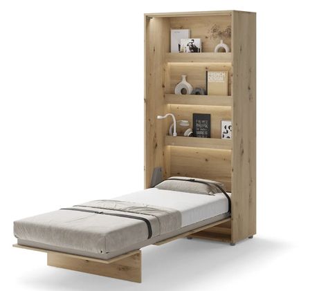 Lit escamotable vertical avec étagères NOBY - Sommier à lattes en bois