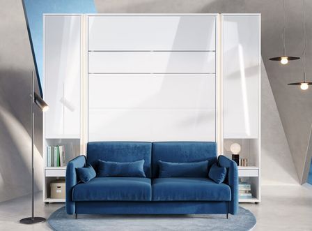 Lit escamotable vertical blanc avec étagères et canapé tissu Noby