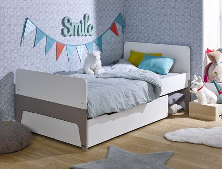 Lit évolutif à tiroir enfant blanc et taupe clair Town 90