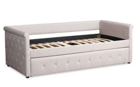 Lit gigogne tissu beige capitonné Mark 90