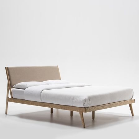 Lit lin beige et frêne massif clair Maria 150x190 cm