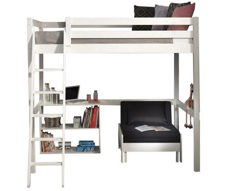 Lit Mezzanine 140x200 avec sommier inclus, bibliothèque et fauteuil convertible PIKO – Blanc