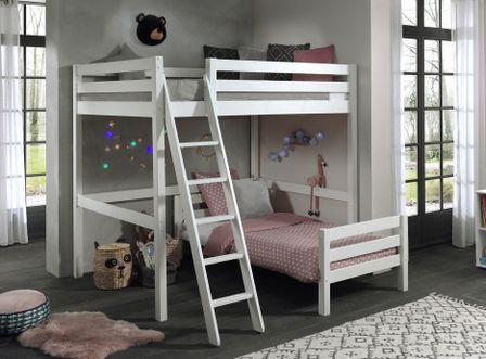 Lit mezzanine 140x200 cm et lit simple 90x200 cm pin massif blanc Pino