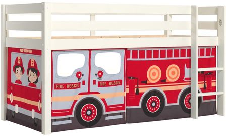Lit mezzanine 90x200 cm avec tente camion pompier pin massif blanc Pino
