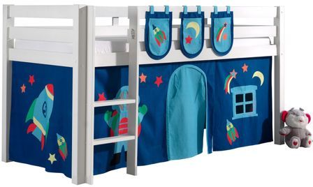 Lit mezzanine 90x200 cm avec tente et 3 pochettes astra pin massif blanc Pino