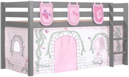 Lit mezzanine 90x200 cm avec tente et 3 pochettes contra pin massif gris Pino