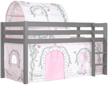 Lit mezzanine 90x200 cm avec tente et tunnel contra pin massif gris Pino