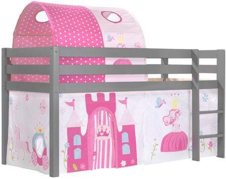 Lit mezzanine 90x200 cm avec tente et tunnel princesse pin massif gris Pino