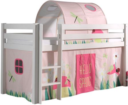 Lit mezzanine 90x200 cm avec tente et tunnel printemps pin massif blanc Pino