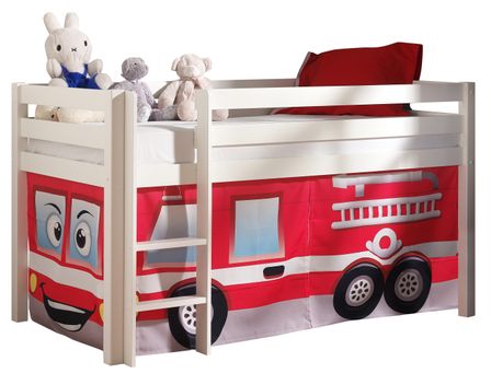 Lit mezzanine 90x200 cm avec tente pompier pin massif blanc Pino