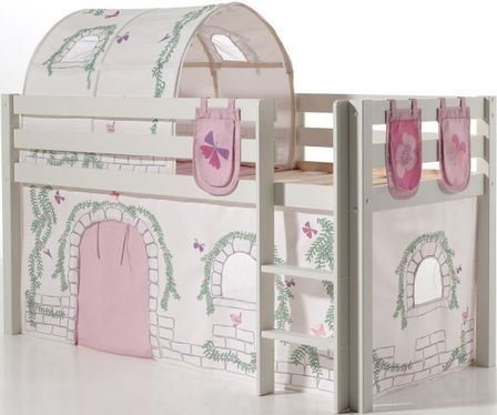 Lit mezzanine 90x200 cm avec tente tunnel et 3 pochettes contra pin massif blanc Pino