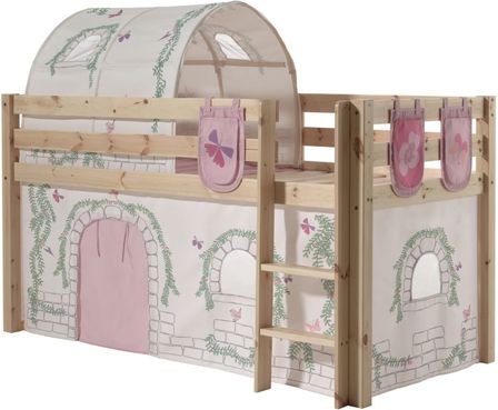 Lit mezzanine 90x200 cm avec tente tunnel et 3 pochettes contra pin massif clair Pino