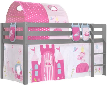 Lit mezzanine 90x200 cm avec tente tunnel et 3 pochettes princesse pin massif gris Pino