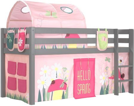 Lit mezzanine 90x200 cm avec tente tunnel et 3 pochettes printemps pin massif gris Pino