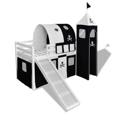 Lit mezzanine d'enfants avec toboggan et échelle Bois Noir et blanc