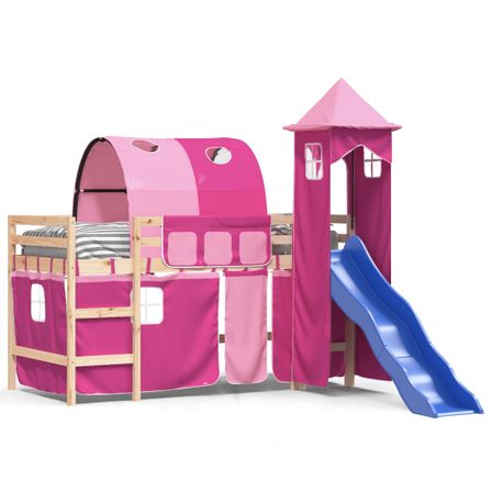 Lit mezzanine enfants avec tour rose 90x190 cm bois pin massif