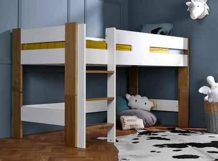 Lit mezzanine mi-hauteur 90x190 cm blanc et hêtre massif clair Scandi