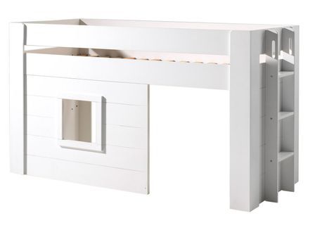 Lit mezzanine bois laqué blanc 90x200 cm avec rideaux coton beige Noah