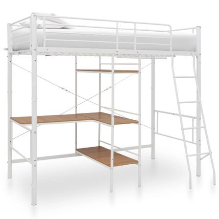 Lit mezzanine rmétal blanc avec bureau bois naturel Kozty 90x200 cm