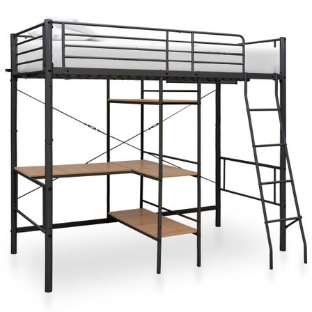 Lit mezzanine rmétal noir avec bureau bois naturel Kozty 90x200 cm