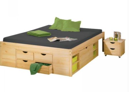 Lit multi-rangement pin massif clair Saly 140x190 cm