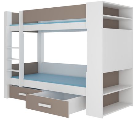 Lit superposé 2 places 90x200 cm MILA - Etagères, tiroirs et 2 sommiers