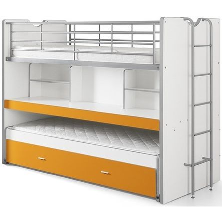Lit superposé 3 places 90x200 cm bois blanc et orange Bonny